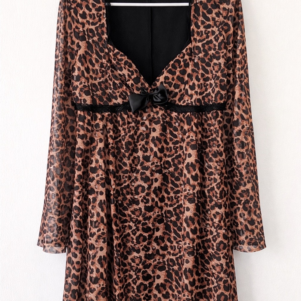 Leopard Print V-Neck Dress with Bow Detail